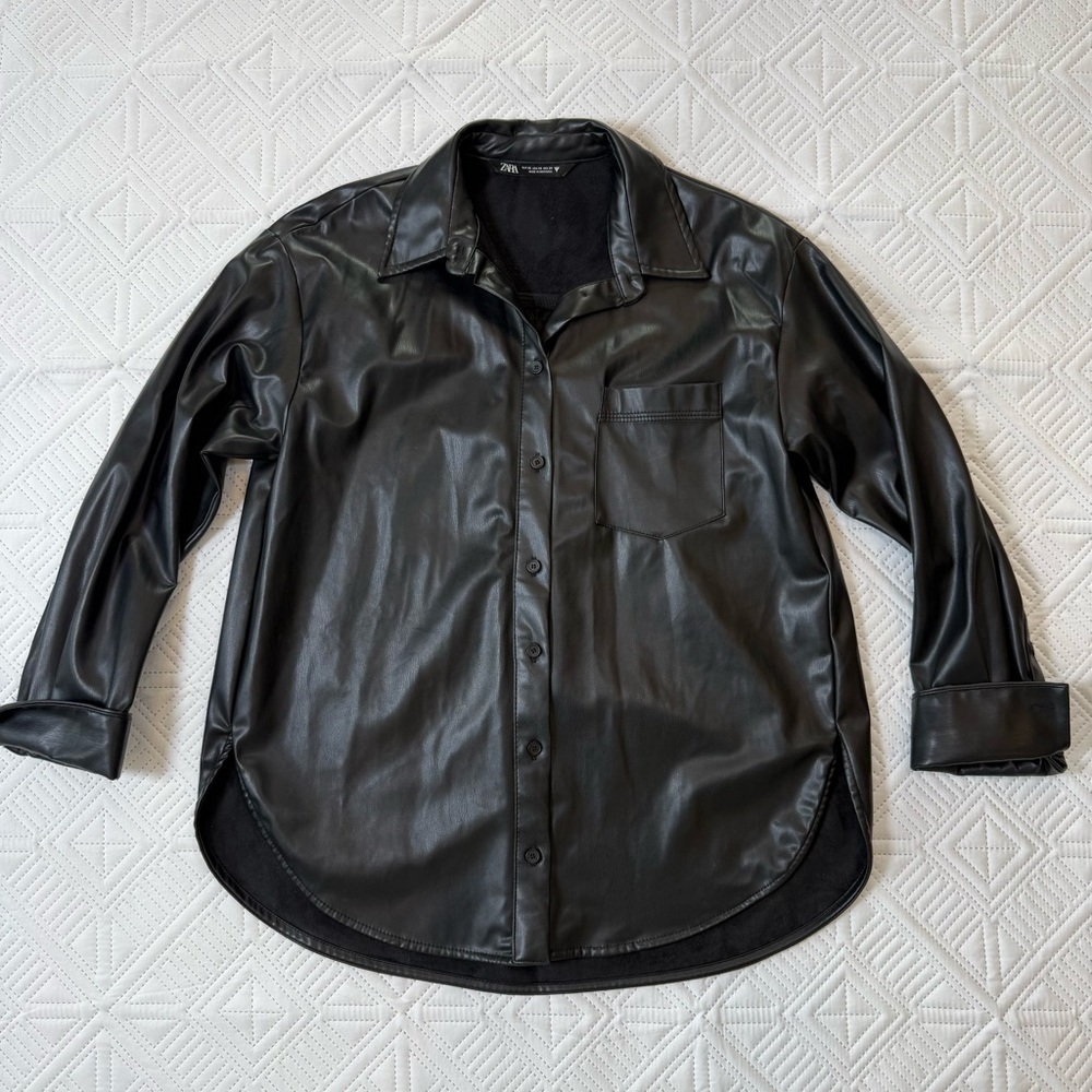 Zara Black Faux Leather Shirt Jacket Size XS